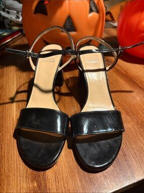 Stuart Weitzman Black Patent Leather Block Heel Sandals